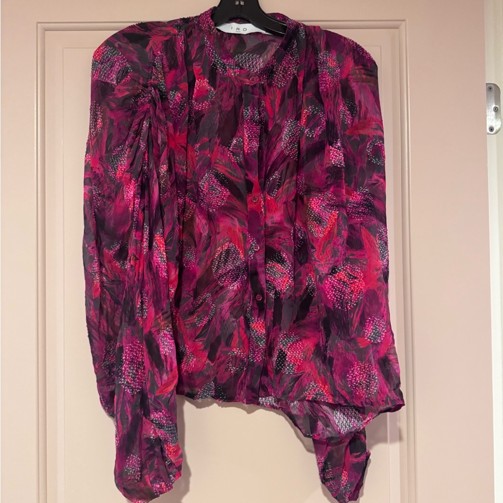 Iro Paris Paulhi Printed Fil Coupe Silkblend Chiffon Blouse- Fuschia Size 36